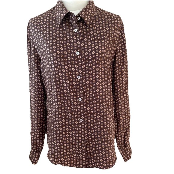 Kate Hill 100% Silk Blouse Button Down Shirt Women's 12 Petite Brown Geometric - Picture 1 of 10